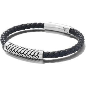 925 Sterling Silver Herringbone Pattern Genuine Men's Leather